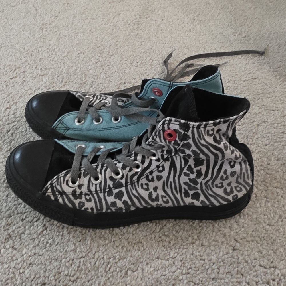 Zebra Print and Teal High-Top Sneakers